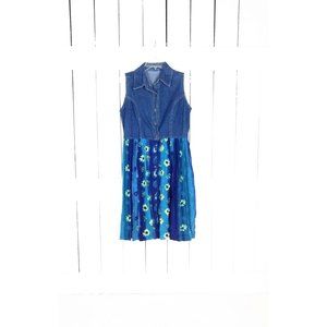90s vintage blue jean denim button down floral dress/sleeveless shirt dress
